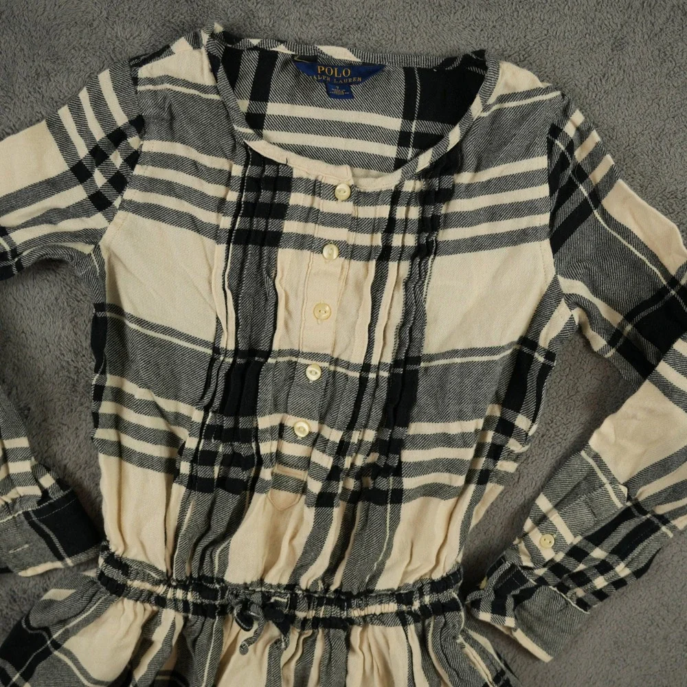 Polo Ralph Lauren Dress Girls 7 Plaid‎ Button Front Long Sleeve Stretch Waist